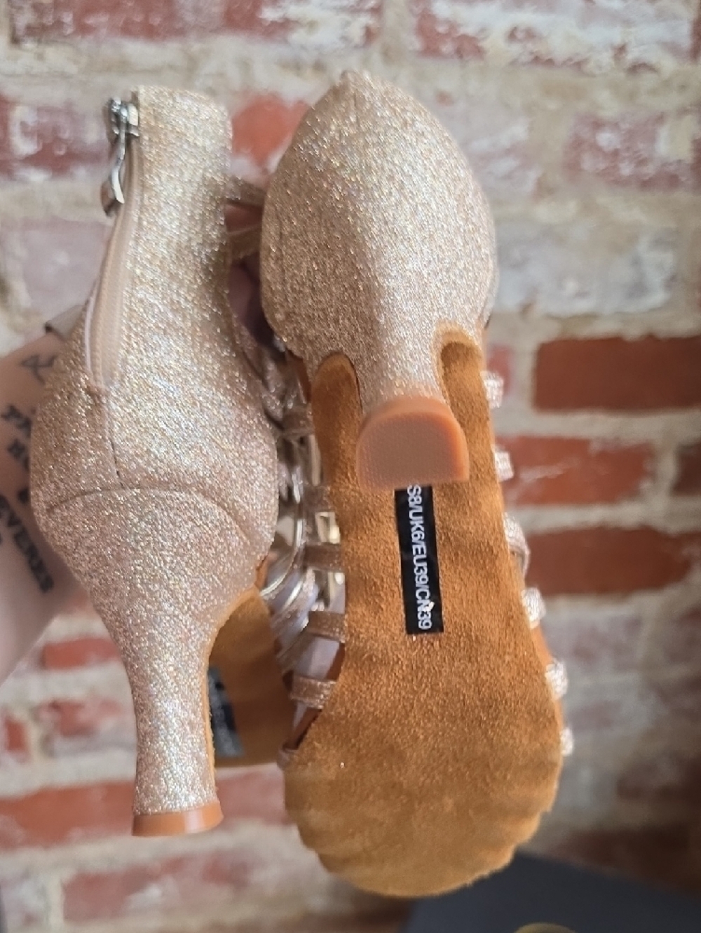 Glitter Gold Strappy Caged Heels for Women - Picture 4 of 6